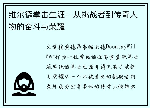 维尔德拳击生涯：从挑战者到传奇人物的奋斗与荣耀