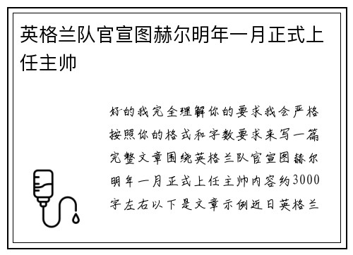 英格兰队官宣图赫尔明年一月正式上任主帅