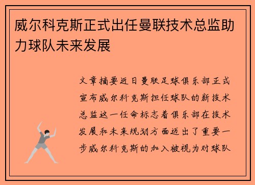 威尔科克斯正式出任曼联技术总监助力球队未来发展