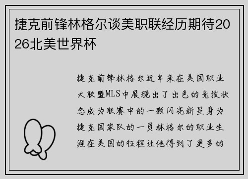 捷克前锋林格尔谈美职联经历期待2026北美世界杯