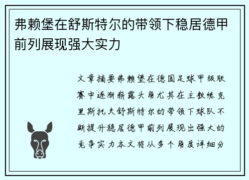 弗赖堡在舒斯特尔的带领下稳居德甲前列展现强大实力